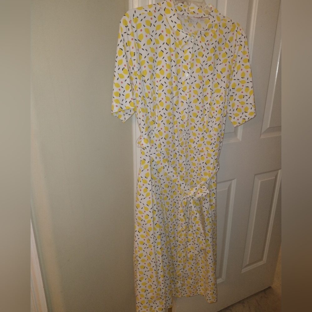 Boden White Lemon-Print Midi Dress with Yellow and Coral Accents - Picture 3 of 8